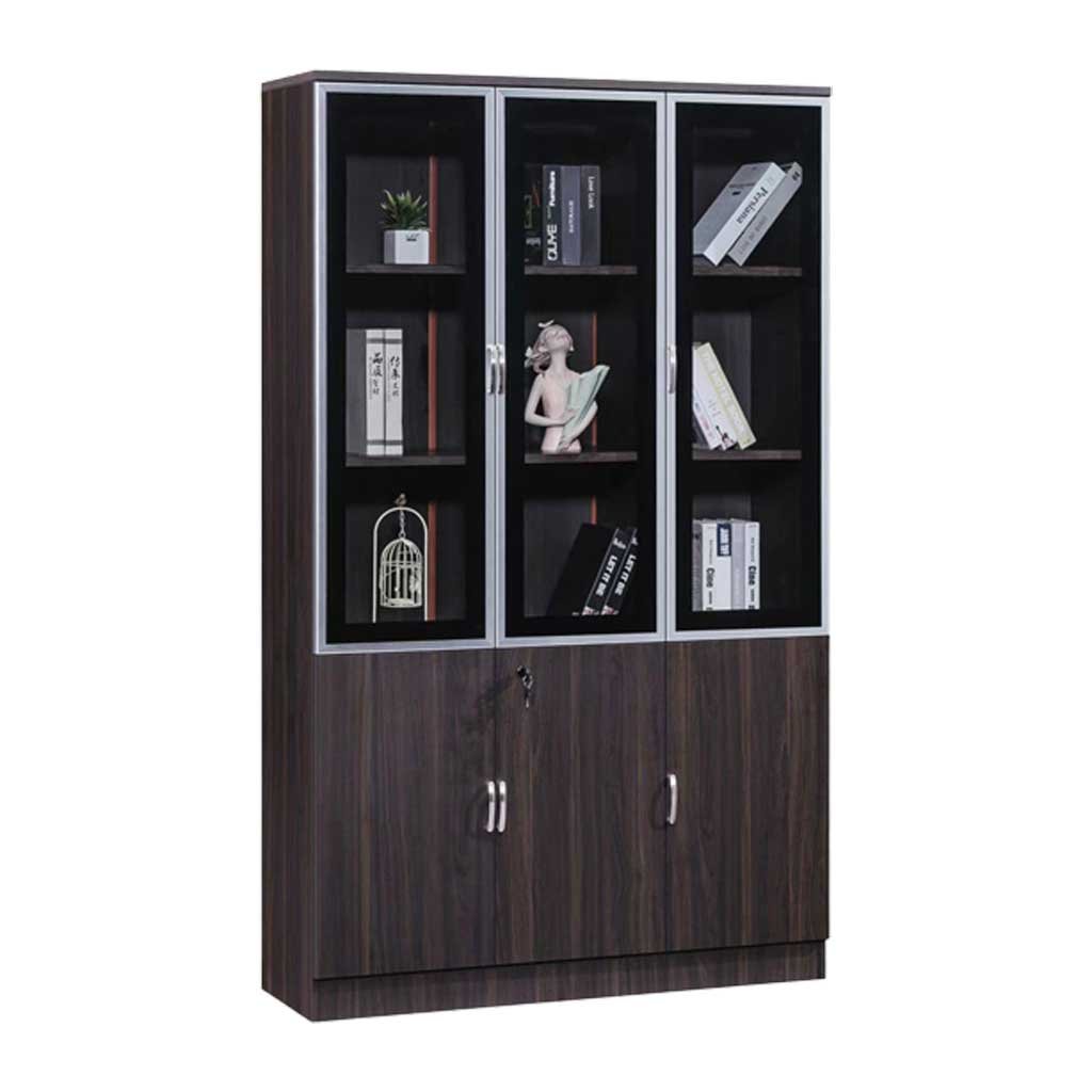 3-door-Office-filling-cabinet-coffee-color Luxury 3-Door Office Storage Cabinet with Glass Display - Image 1