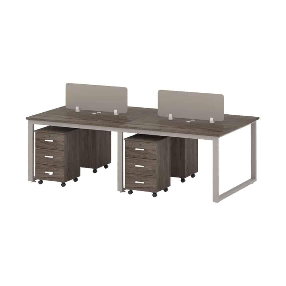 4-person-workstation-walnut-khaki.jpg 4-Person Workstation Desk Walnut & Khaki with Privacy Dividers and Mobile Pedestals - Image 1