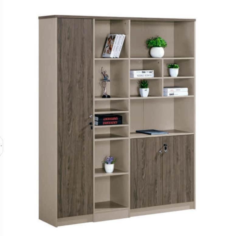 Modern-coffee-color-3-door-cabninet-2.jpg Modern 3-Door Office Storage Cabinet with Open Display Shelves Coffee Finish - Image 1