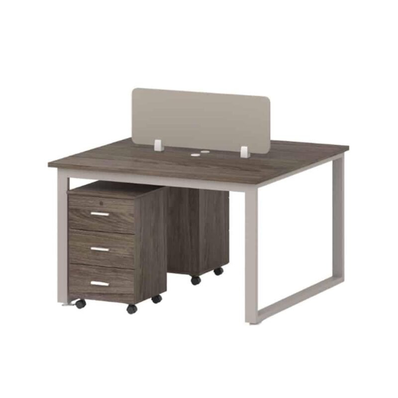 2-person workstation desk in walnut and khaki with privacy divider and mobile drawers