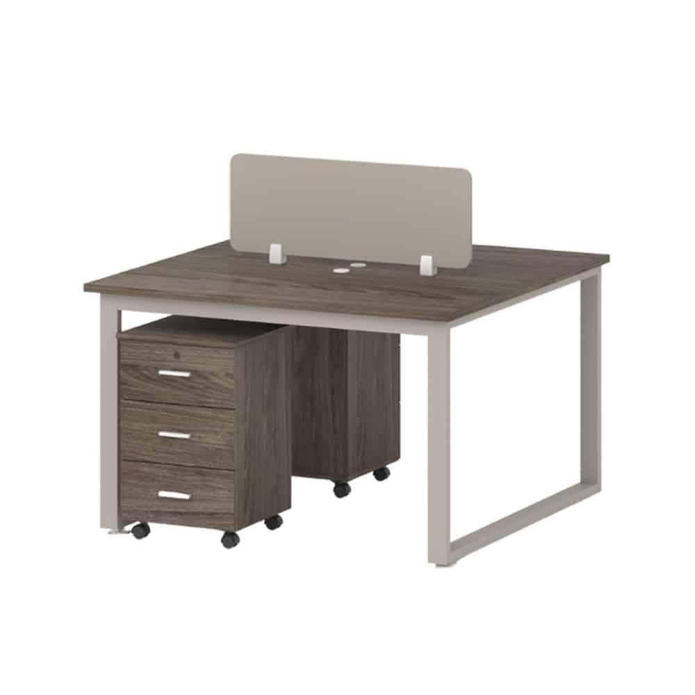 2-Person Workstation Desk Walnut & Khaki 2-person workstation desk in walnut and khaki with privacy divider and mobile drawers