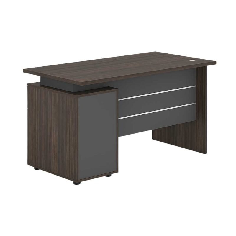 Manager office table in coffee wood finish with integrated side cabinet