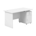 Compact white office table with integrated storage drawer.