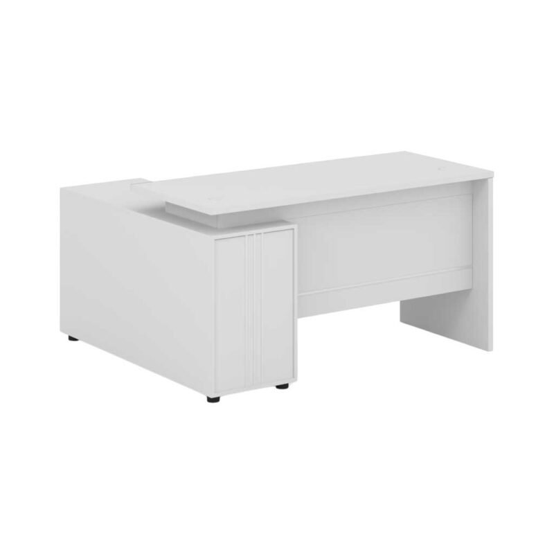 White executive office desk with side storage cabinet